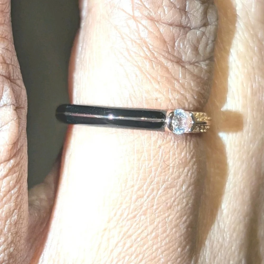 Women's 925 Sterling Silver Pavé BlackGolden Dual Cubic Zirconia Dainty Ring Sz6